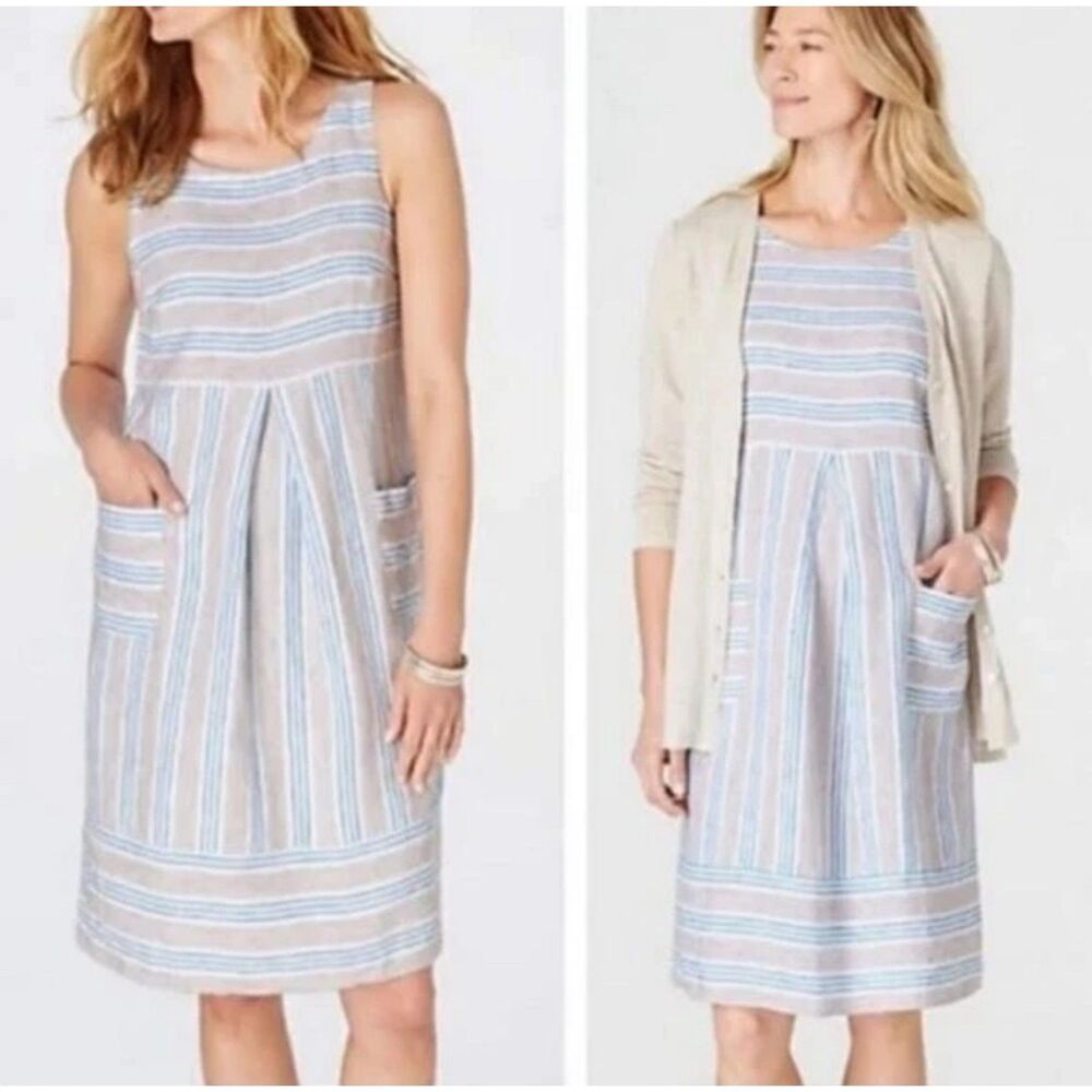J. JILL Love Linen White/Blue/Tan Striped Sleeveless Dress, Patch Pockets, Sz XL